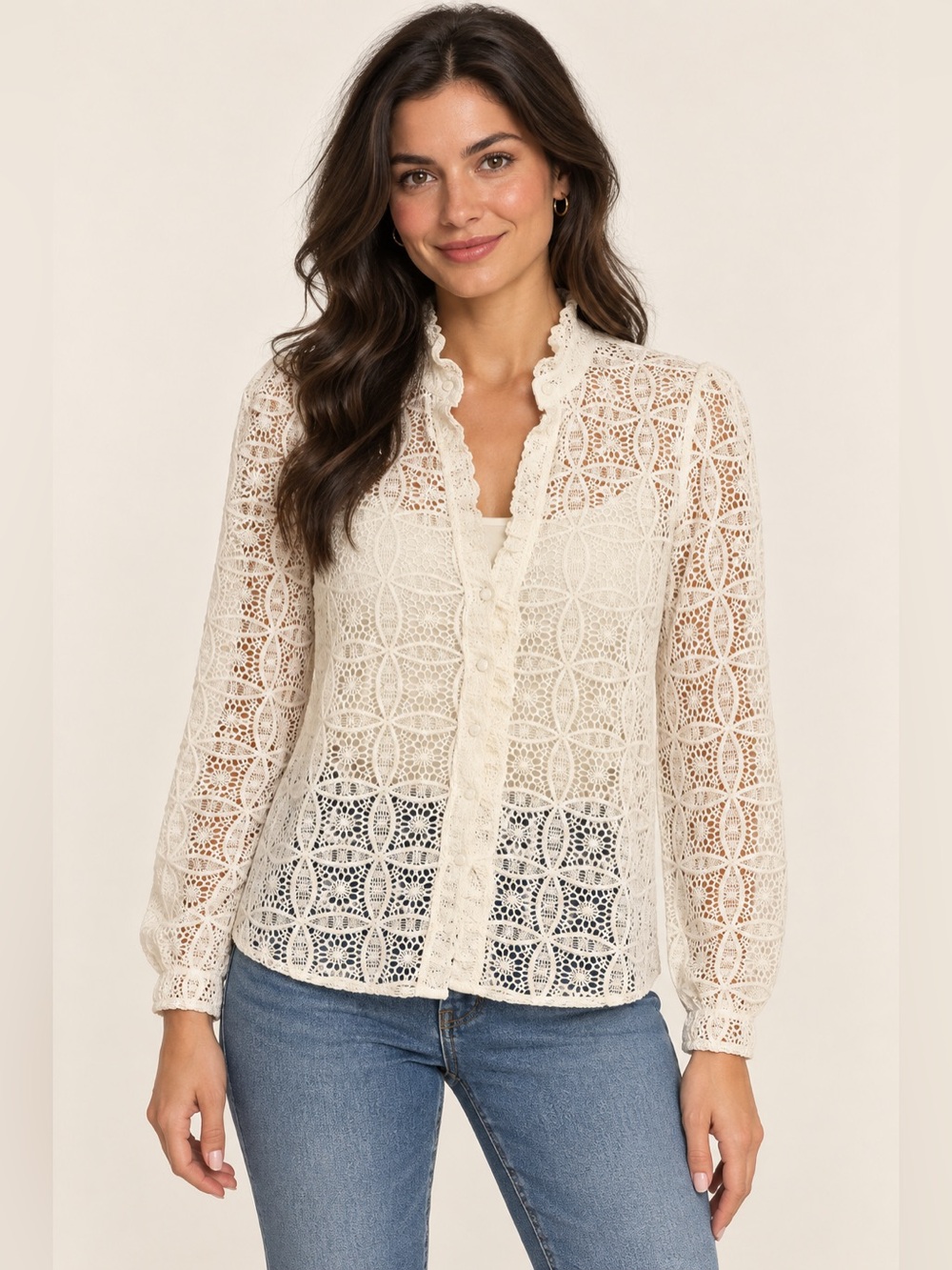 House of Harlow Lace Crochet Button-Front Long Sleeve Top - Cream